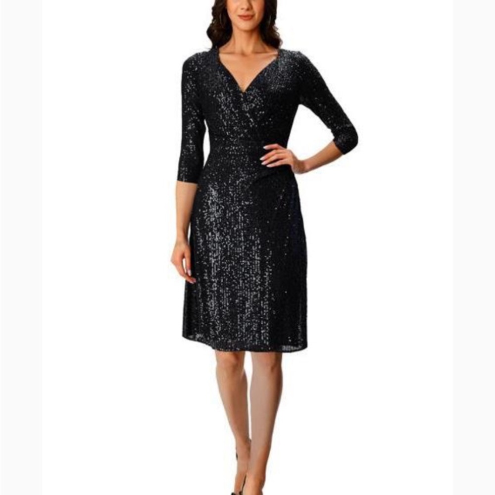 Black Sequin Faux Wrap Dress
